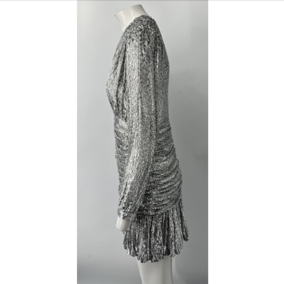 COSTARELLOS Libby Silver LUREX DEVOR Embellished Ruched Mini Dress sz 40 - Picture 5 of 9